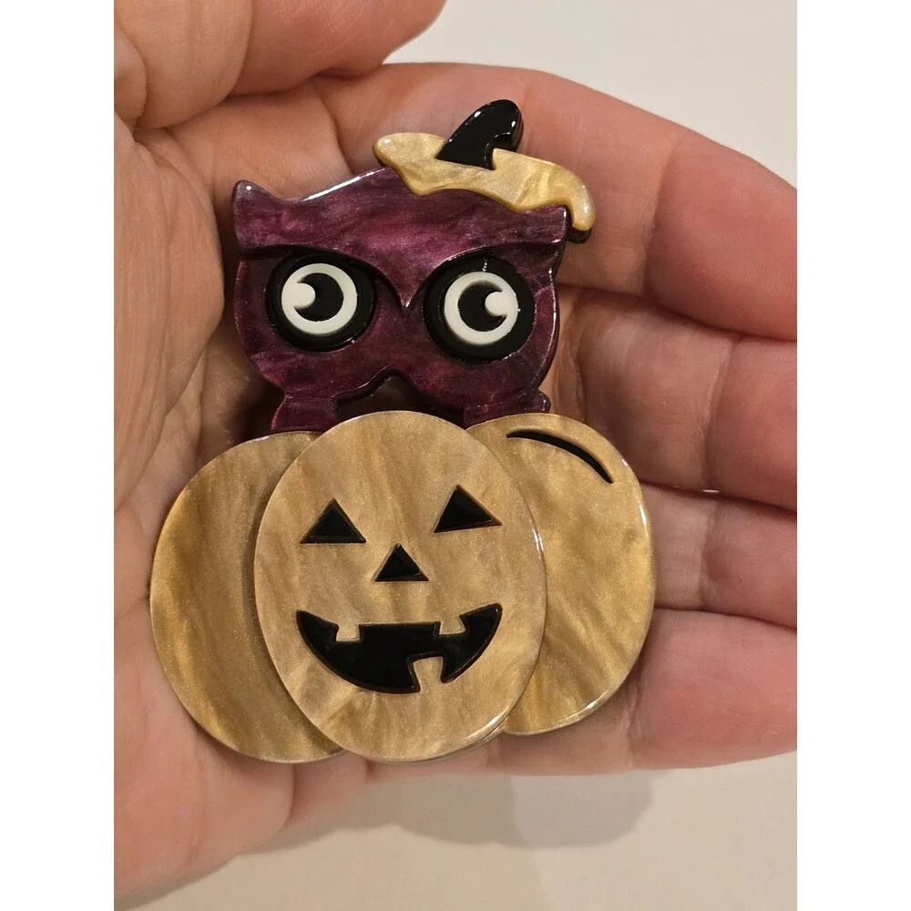 Pumpkin Patch Owl Jack O Lantern Acrylic Halloween Brooch Pin #1394